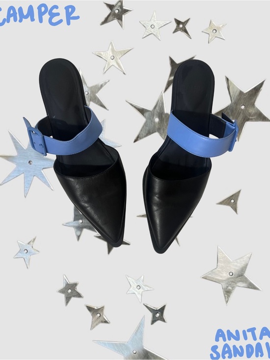 Camper Shoes - Camper Anita Black Pointed Mule with Light Blue Strap